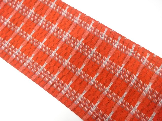 アンティーク　手織り紬　縞に変わり横段模様織り出し名古屋帯（着用可）